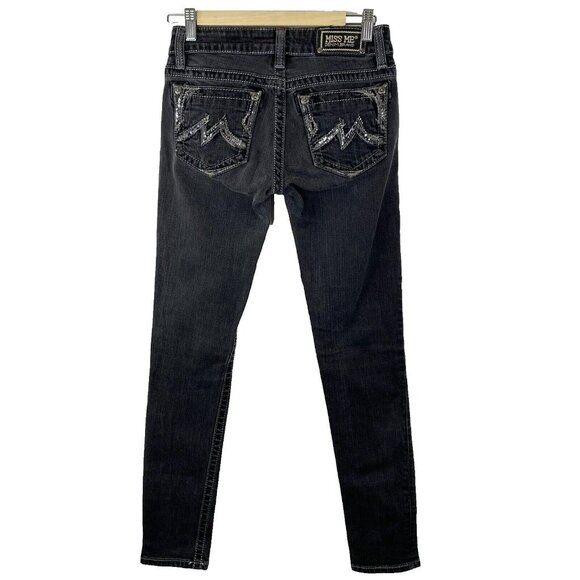 Miss Me Jeans Womens Size 27 Skinny Denim Black Sequin Embellished Low Rise - Picture 1 of 5